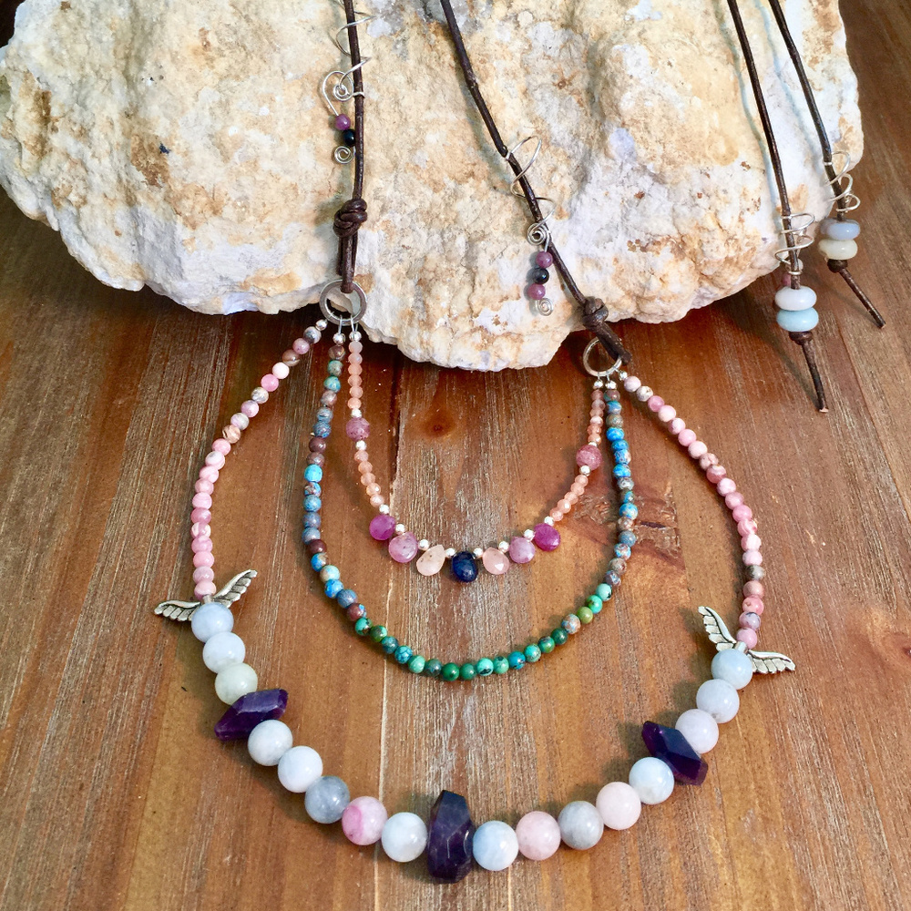 Beryl Amethyst Pink Sapphire Natural Boho Necklace - Picture 3 of 8